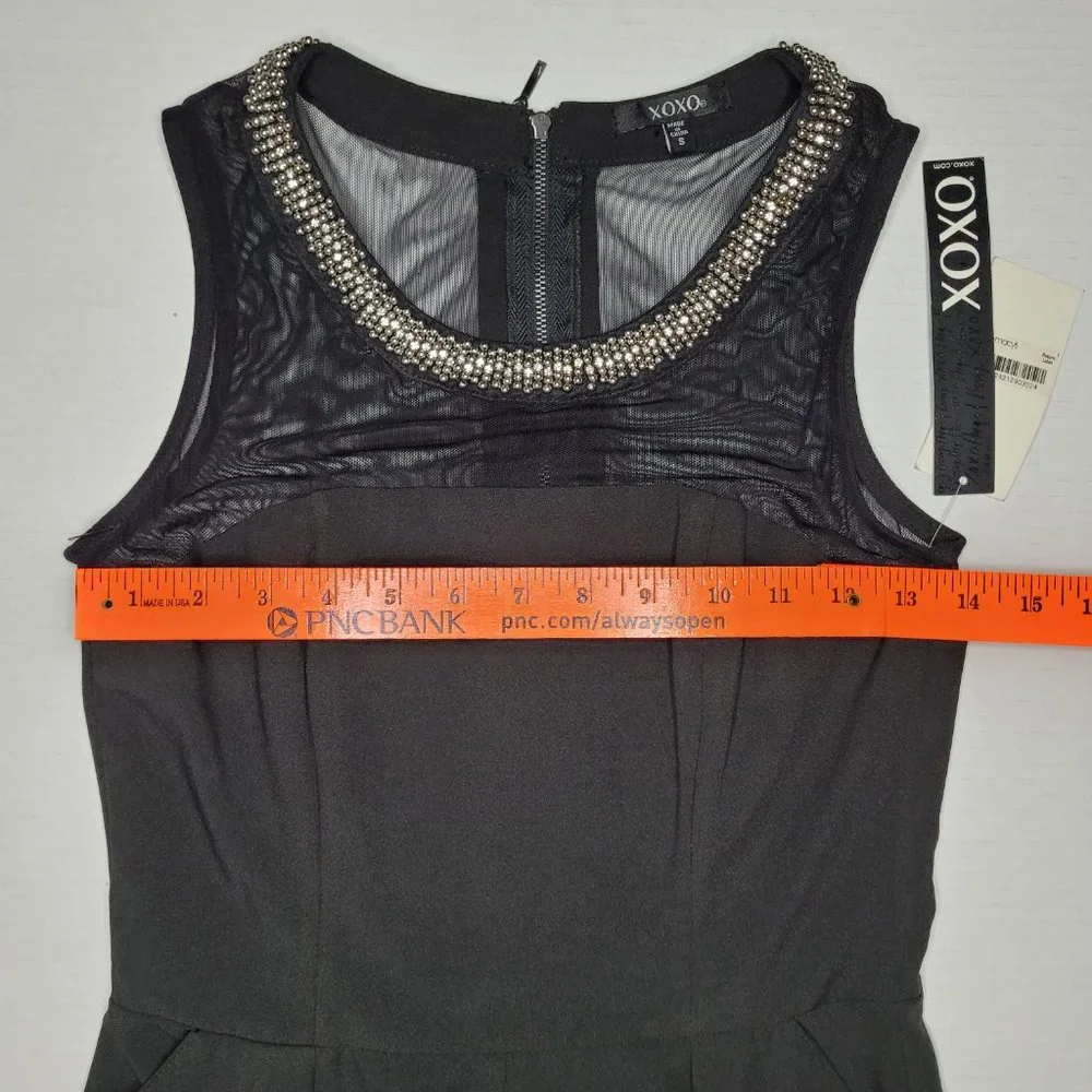 Nwt XOXO Jumpsuit Womens Black With Silver Beading Neckline Small Straight Leg - Picture 9 of 13